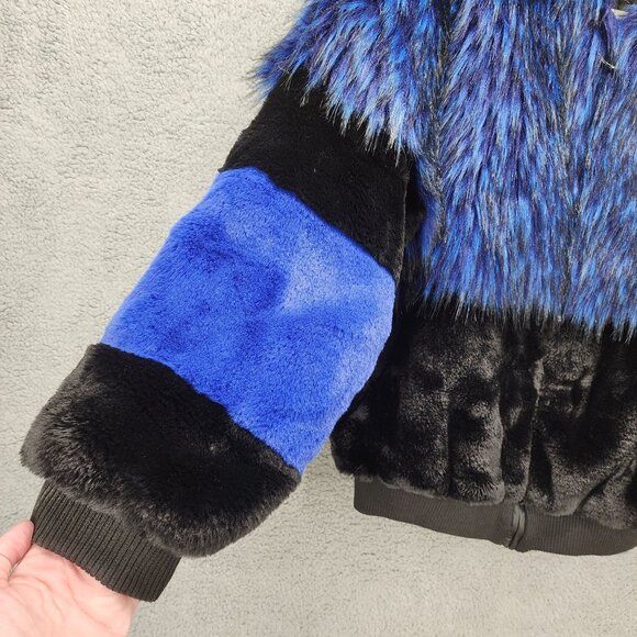 Shaci Blue Women's Size Medium Blue Black Faux Fur Monster Bomber Jacket - Picture 8 of 15
